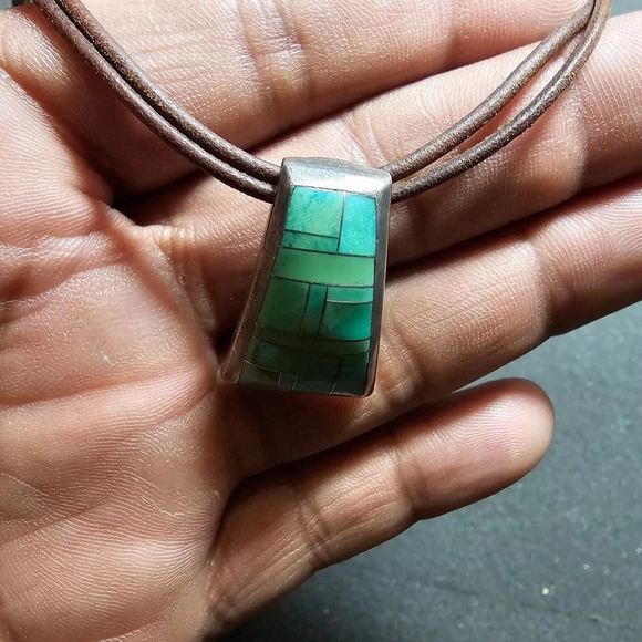 Sterling Silver 925 Pave Turquoise Stone Inlay Double Strand Necklace 15 In Long - Picture 3 of 9